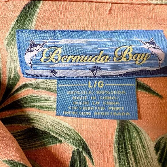 Bermuda Bay Men's Orange Green Yellow Hawaiian Floral Silk Button Up Shirt Large - Picture 2 of 7